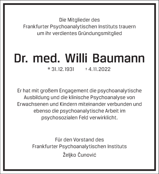 Traueranzeige von Willi Baumann von Frankfurter Allgemeine Zeitung