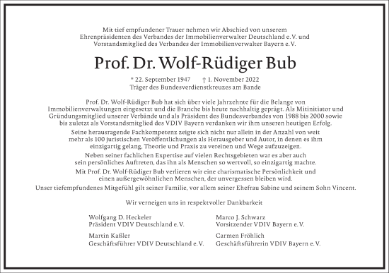 Traueranzeige von Wolf-Rüdiger Bub von Frankfurter Allgemeine Zeitung