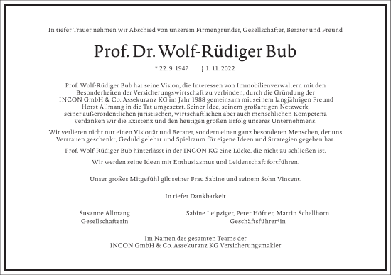 Traueranzeige von Wolf-Rüdiger Bub von Frankfurter Allgemeine Zeitung