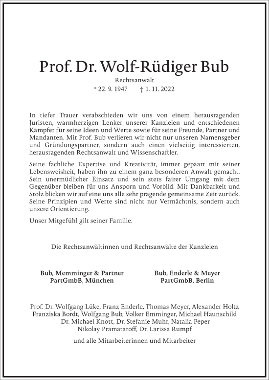 Traueranzeige von Wolf-Rüdiger Bub von Frankfurter Allgemeine Zeitung