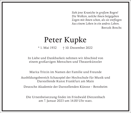 Traueranzeige von Peter Kupke von Frankfurter Allgemeine Zeitung