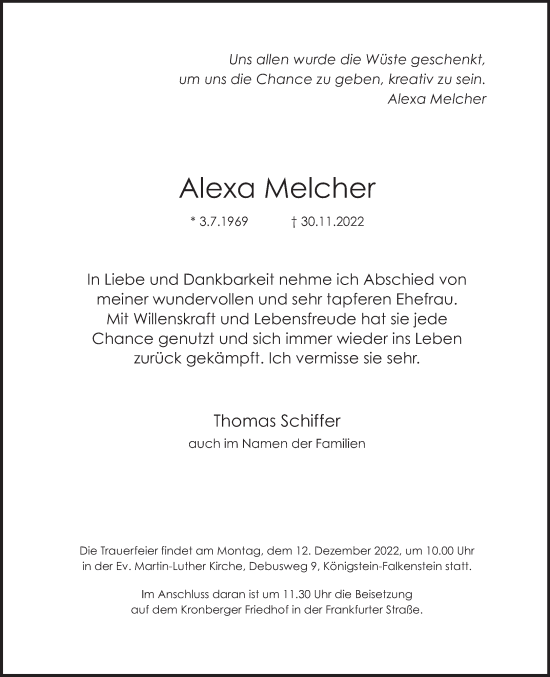 Traueranzeige von Alexa Melcher von Frankfurter Allgemeine Zeitung