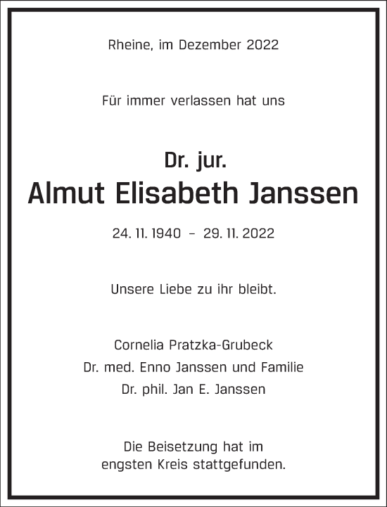 Traueranzeige von Almut Elisabeth Janssen von Frankfurter Allgemeine Zeitung