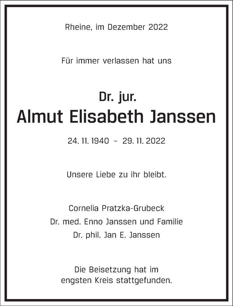  Traueranzeige für Almut Elisabeth Janssen vom 24.12.2022 aus Frankfurter Allgemeine Zeitung