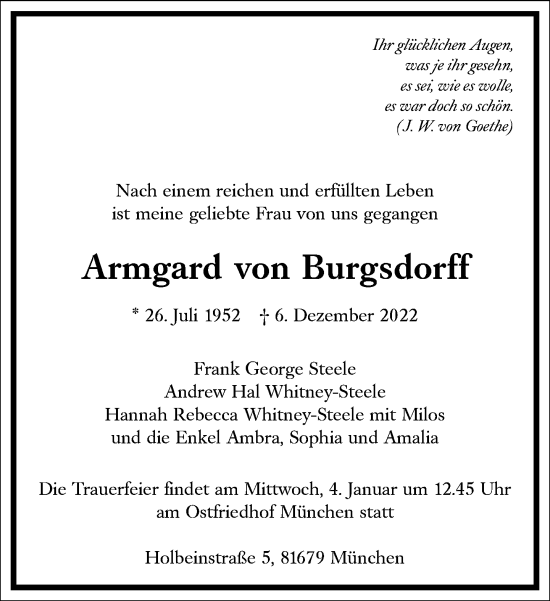 Traueranzeige von Armgard von Burgsdorff von Frankfurter Allgemeine Zeitung