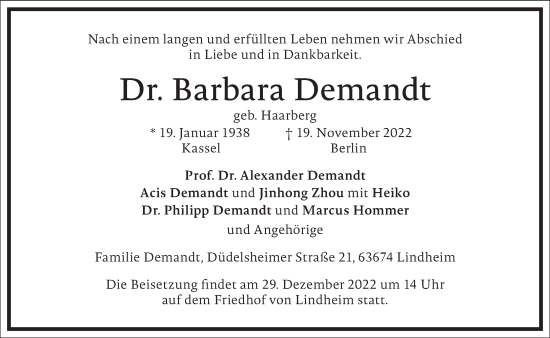 Traueranzeige von Barbara Demandt von Frankfurter Allgemeine Zeitung