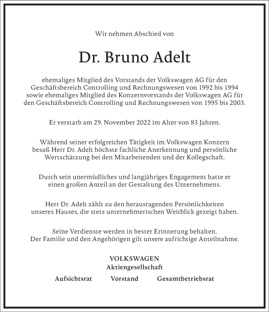 Traueranzeige von Bruno Adelt von Frankfurter Allgemeine Zeitung