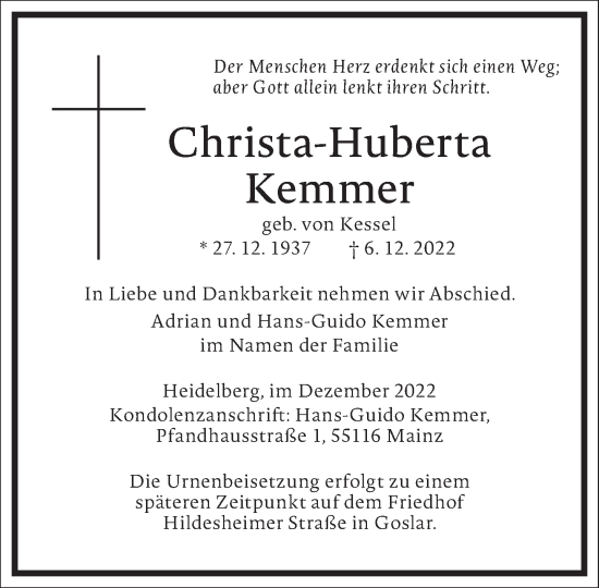 Traueranzeige von Christa-Huberta Kemmer von Frankfurter Allgemeine Zeitung