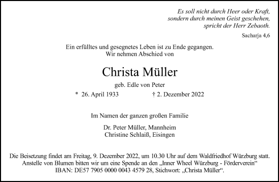 Traueranzeige von Christa Müller von Frankfurter Allgemeine Zeitung