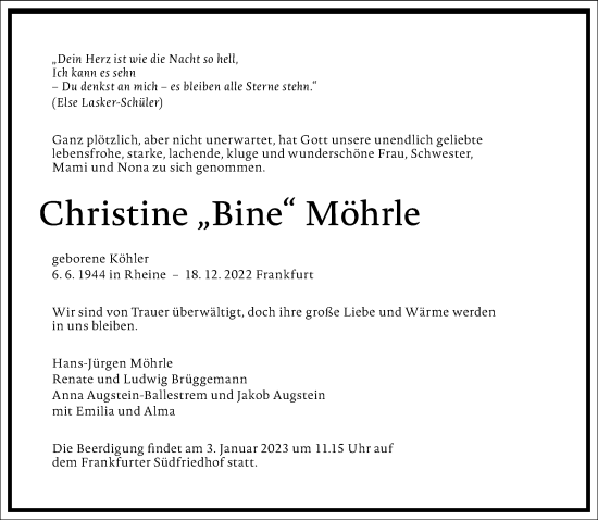 Traueranzeige von Christine Möhrle von Frankfurter Allgemeine Zeitung