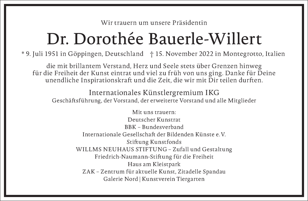  Traueranzeige für Dorothee Bauerle-Willert vom 03.12.2022 aus Frankfurter Allgemeine Zeitung