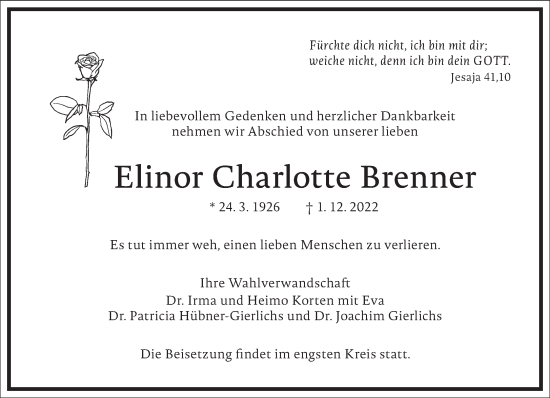 Traueranzeige von Elinor Charlotte Brenner von Frankfurter Allgemeine Zeitung