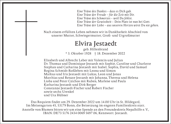 Traueranzeige von Elvira Jestaedt von Frankfurter Allgemeine Zeitung