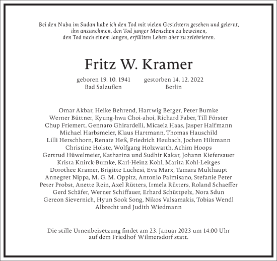 Traueranzeige von Fritz W. Kramer von Frankfurter Allgemeine Zeitung