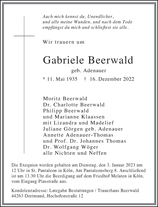 Traueranzeige von Gabriele Beerwald von Frankfurter Allgemeine Zeitung