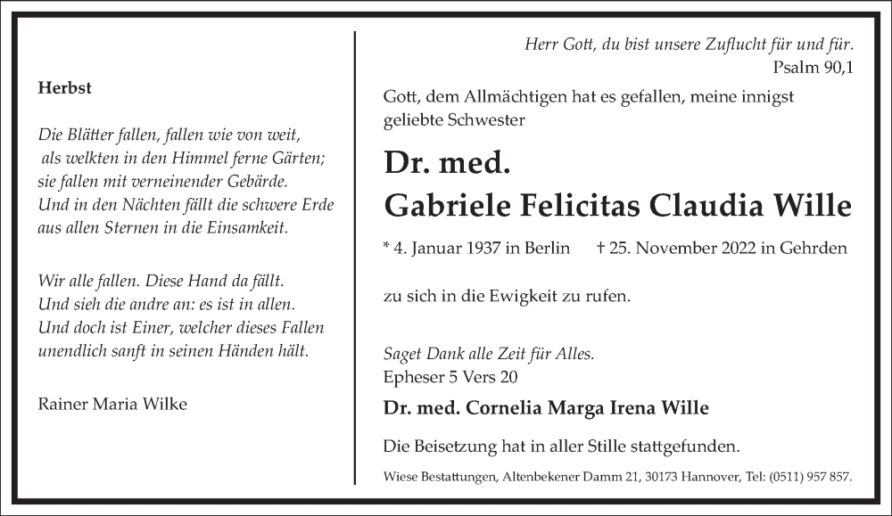  Traueranzeige für Gabriele Felicitas Claudia Wille vom 17.12.2022 aus Frankfurter Allgemeine Zeitung