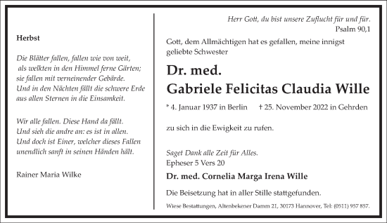 Traueranzeige von Gabriele Felicitas Claudia Wille von Frankfurter Allgemeine Zeitung