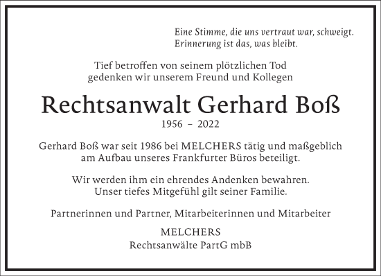 Traueranzeige von Gerhard Boß von Frankfurter Allgemeine Zeitung