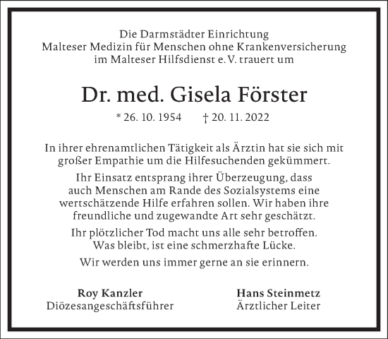 Traueranzeige von Gisela Förster von Frankfurter Allgemeine Zeitung