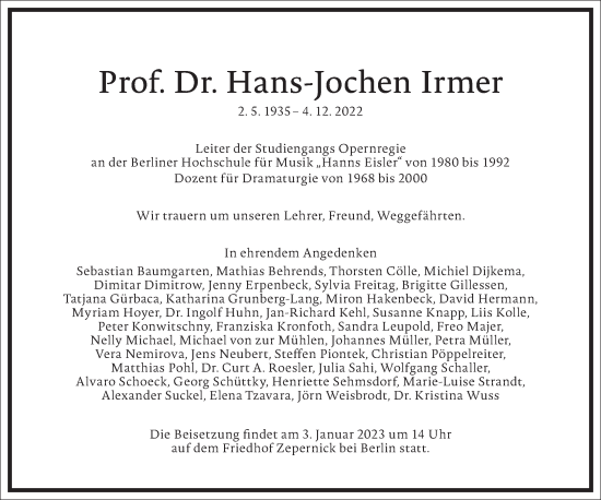 Traueranzeige von Hans-Jochen Irmer von Frankfurter Allgemeine Zeitung