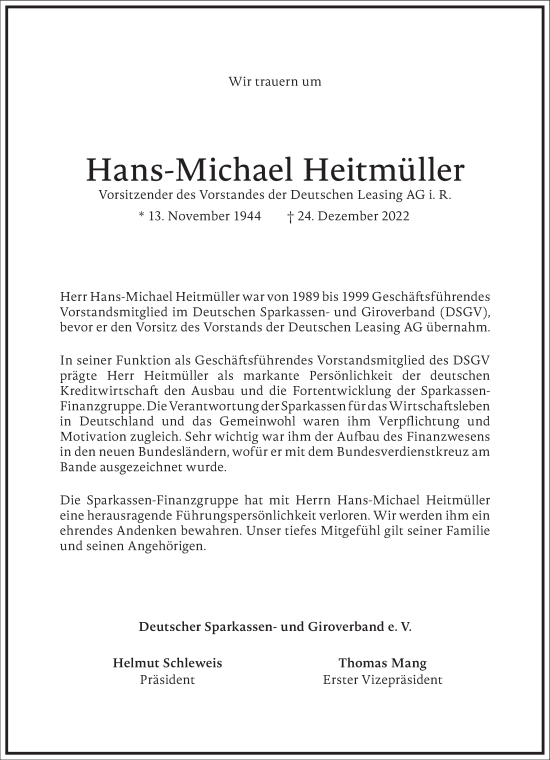 Traueranzeige von Hans-Michael Heitmüller von Frankfurter Allgemeine Zeitung