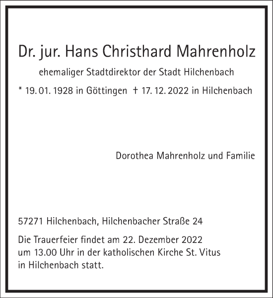 Traueranzeige von Hans Christhard Mahrenholz von Frankfurter Allgemeine Zeitung