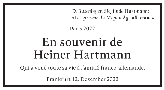 Traueranzeige von Heiner Hartmann von Frankfurter Allgemeine Zeitung