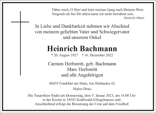 Traueranzeige von Heinrich Bachmann von Frankfurter Allgemeine Zeitung