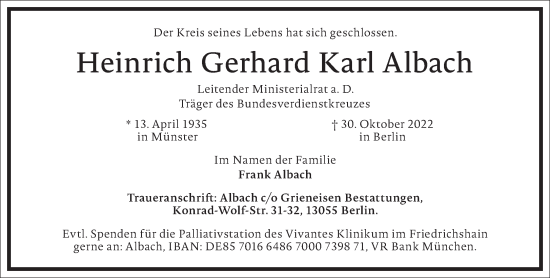 Traueranzeige von Heinrich Gerhard Karl Albach von Frankfurter Allgemeine Zeitung