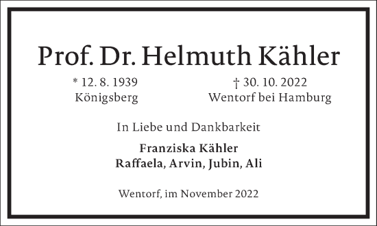 Traueranzeige von Helmuth Kähler von Frankfurter Allgemeine Zeitung