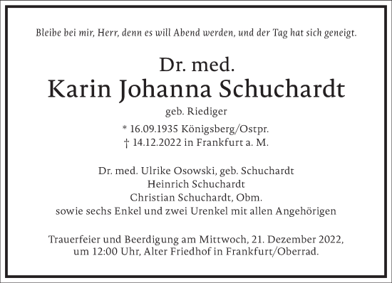 Traueranzeige von Karin Johanna Schuchardt von Frankfurter Allgemeine Zeitung