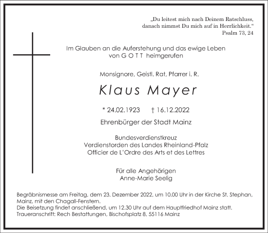 Traueranzeige von Klaus Mayer von Frankfurter Allgemeine Zeitung