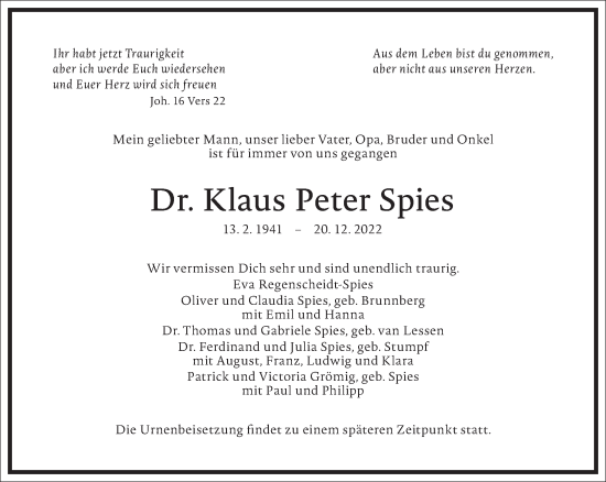 Traueranzeige von Klaus Peter Spies von Frankfurter Allgemeine Zeitung