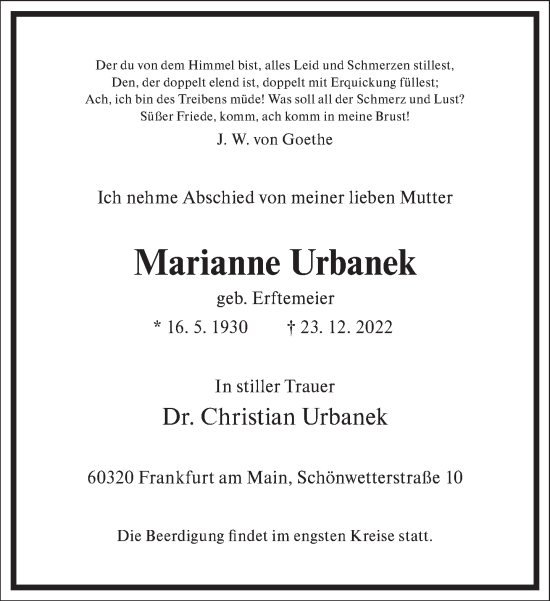 Traueranzeige von Marianne Urbanek von Frankfurter Allgemeine Zeitung