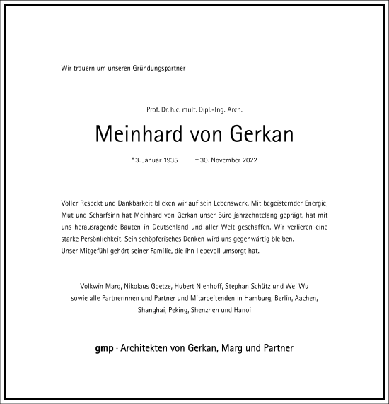 Traueranzeige von Meinhard von Gerkan von Frankfurter Allgemeine Zeitung