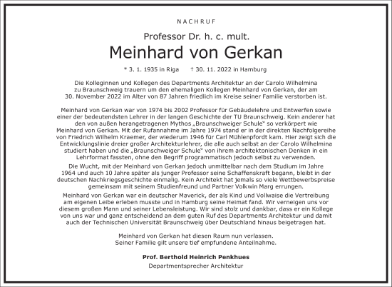 Traueranzeige von Meinhard von Gerkan von Frankfurter Allgemeine Zeitung