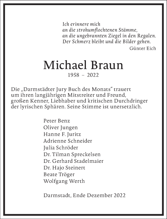 Traueranzeige von Michael Braun von Frankfurter Allgemeine Zeitung