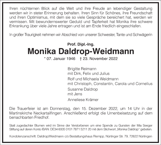 Traueranzeige von Monika Daldrop-Weidmann von Frankfurter Allgemeine Zeitung