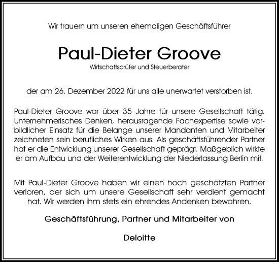 Traueranzeige von Paul-Dieter Groove von Frankfurter Allgemeine Zeitung