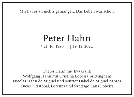 Traueranzeige von Peter Hahn von Frankfurter Allgemeine Zeitung