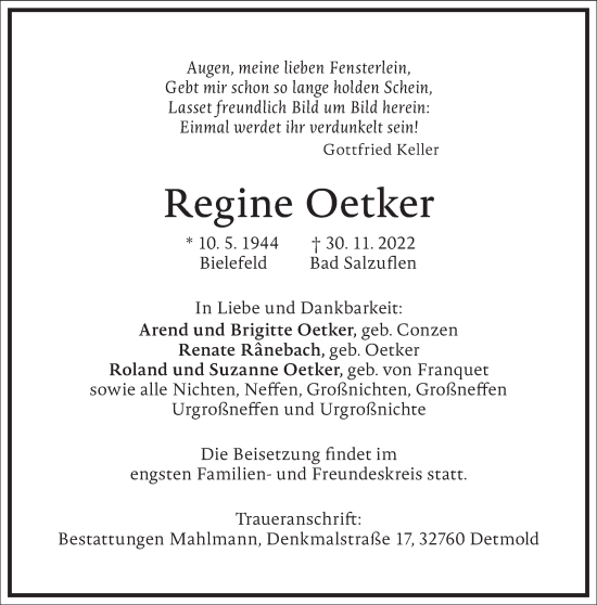 Traueranzeige von Regine Oetker von Frankfurter Allgemeine Zeitung