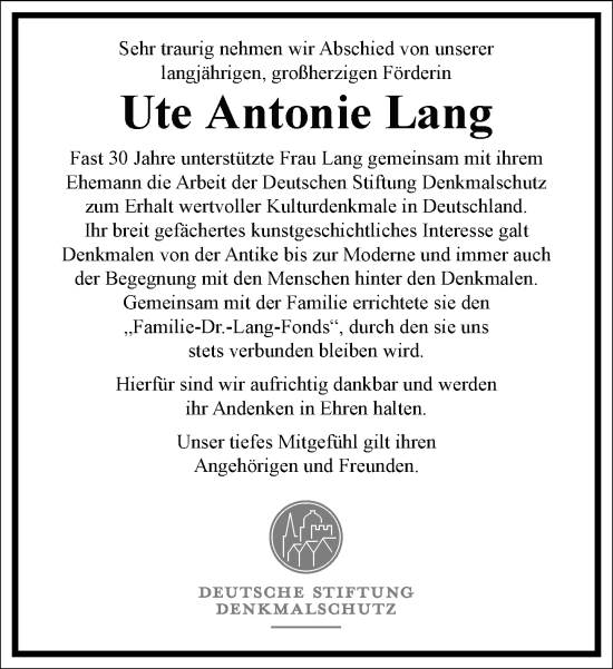 Traueranzeige von Ute Antonie Lang von Frankfurter Allgemeine Zeitung