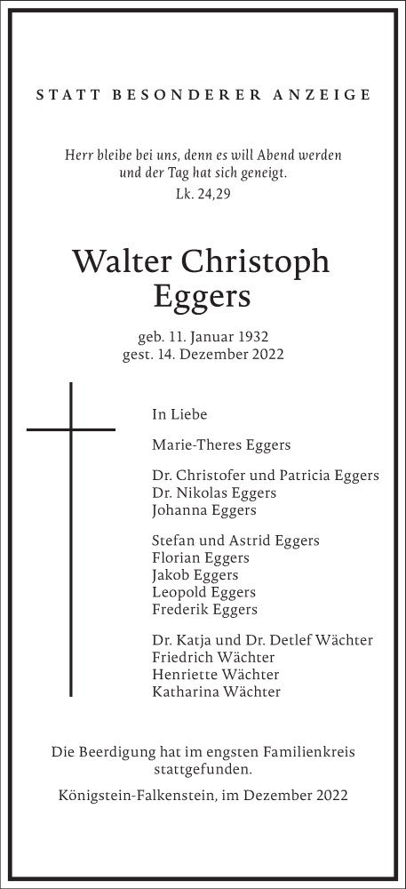 Traueranzeige von Walter Christoph Eggers von Frankfurter Allgemeine Zeitung