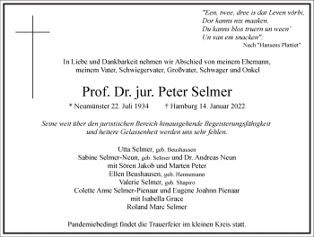 Traueranzeige von Peter Selmer von Frankfurter Allgemeine Zeitung