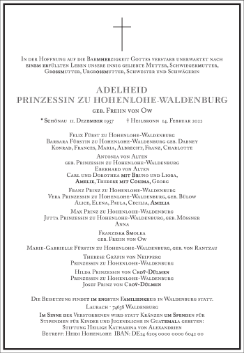 Traueranzeige von Adelheid Prinzessin zu Hohenlohe-Waldenburg von Frankfurter Allgemeine Zeitung