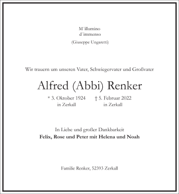 Traueranzeige von Alfred Renker von Frankfurter Allgemeine Zeitung