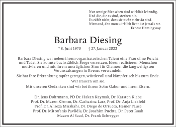 Traueranzeige von Barbara Diesing von Frankfurter Allgemeine Zeitung