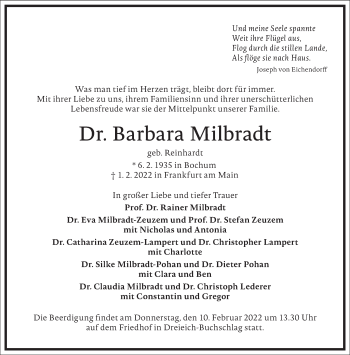Traueranzeige von Barbara Milbradt von Frankfurter Allgemeine Zeitung