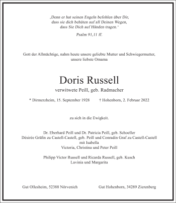 Traueranzeige von Doris Russell von Frankfurter Allgemeine Zeitung