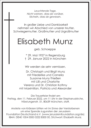 Traueranzeige von Elisabeth Munz von Frankfurter Allgemeine Zeitung